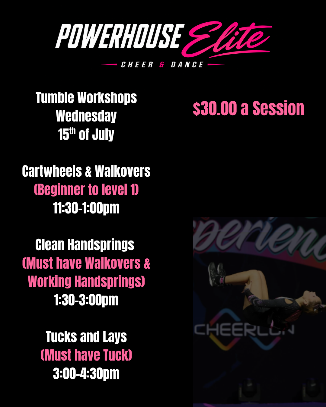 Powerhouse Elite Tumble Workshops — Wednesday 14 July 2026, $30 per session